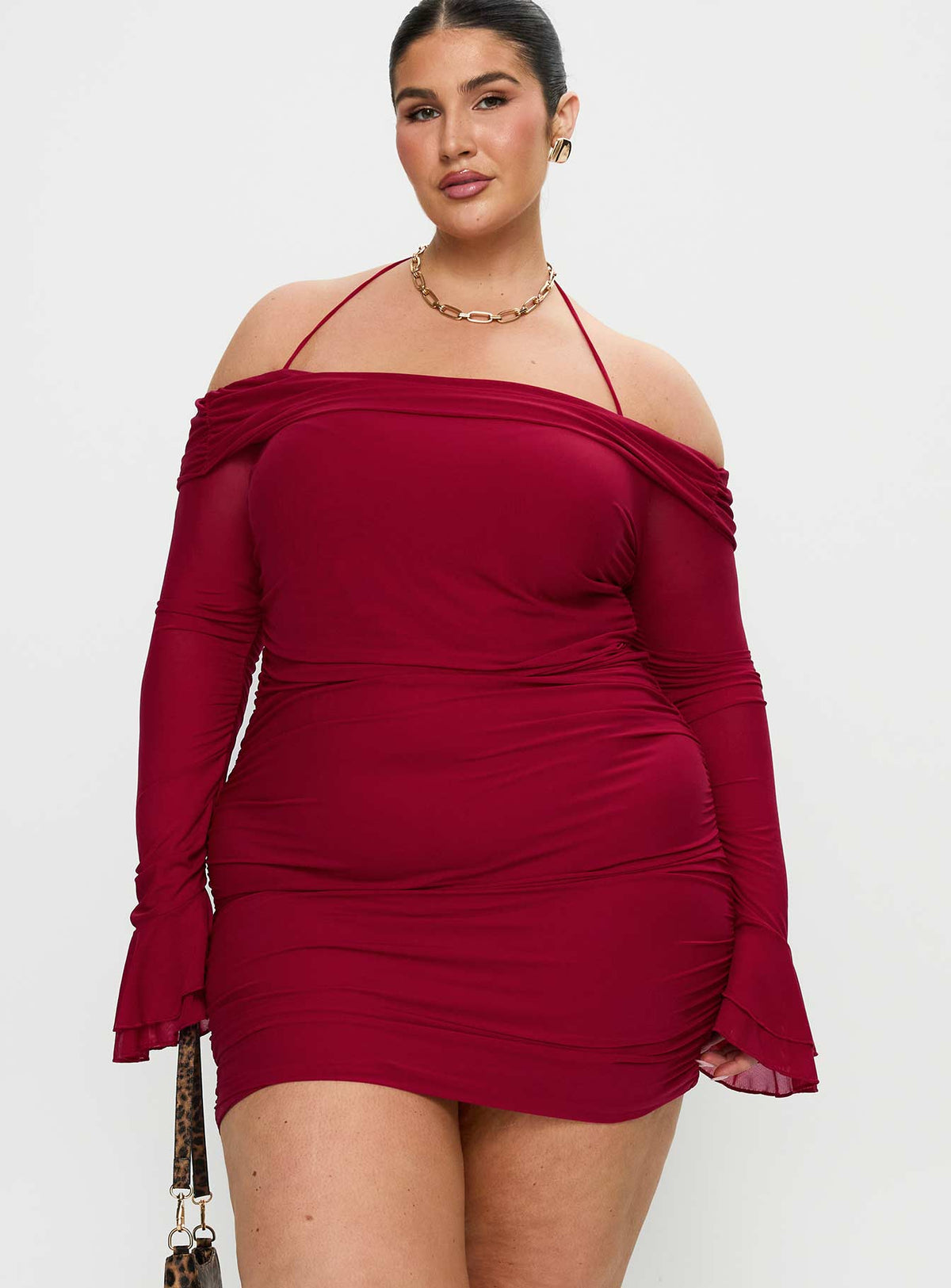 Taylon Off Shoulder Long Sleeve Mini Dress Red Curve