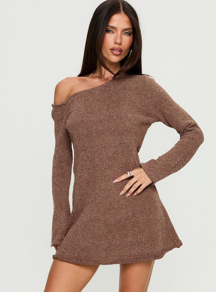 Jaede Off Shoulder Knit Mini Dress Mocha · photo 1