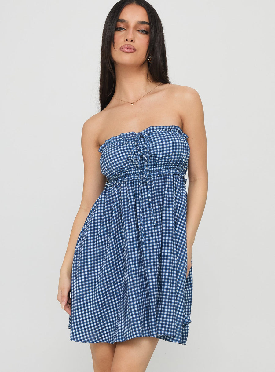 Held My Breath Strapless Babydoll Mini Dress Blue Gingham · photo 1