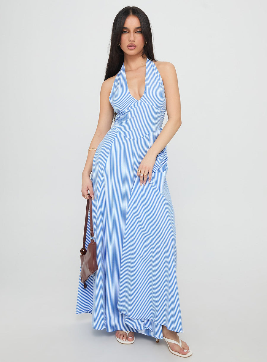 Ivie Halter Plunge Maxi Dress Blue Stripe · photo 1