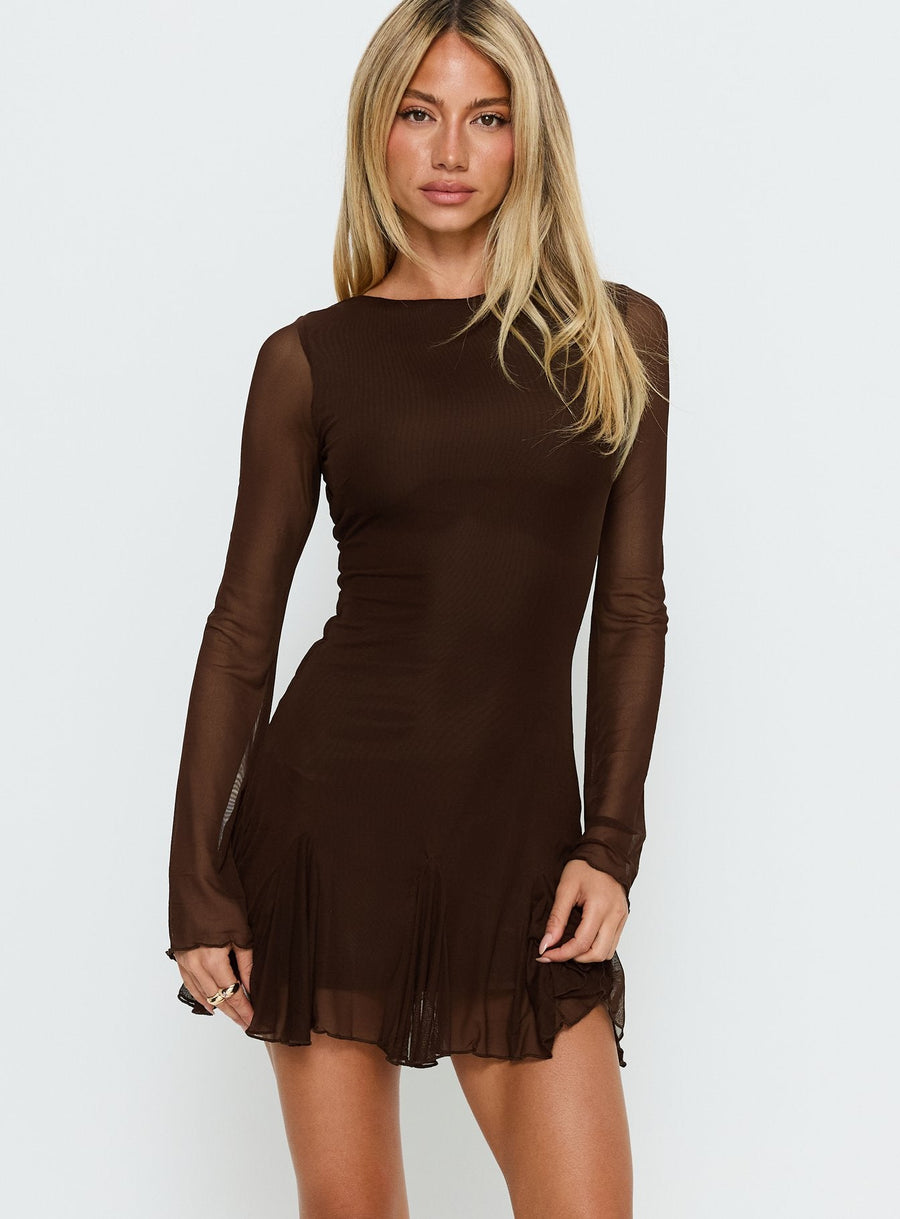 Evita Long Sleeve Pleat Mini Dress Chocolate · photo 1