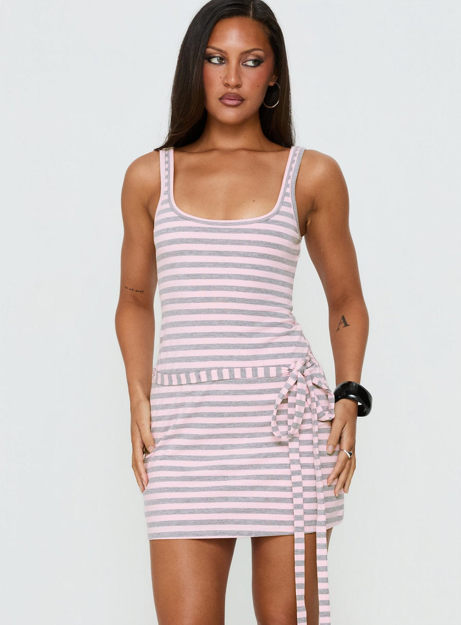 Favourite Daughter Tie Detail Mini Dress Pink / Grey Stripe · photo 2