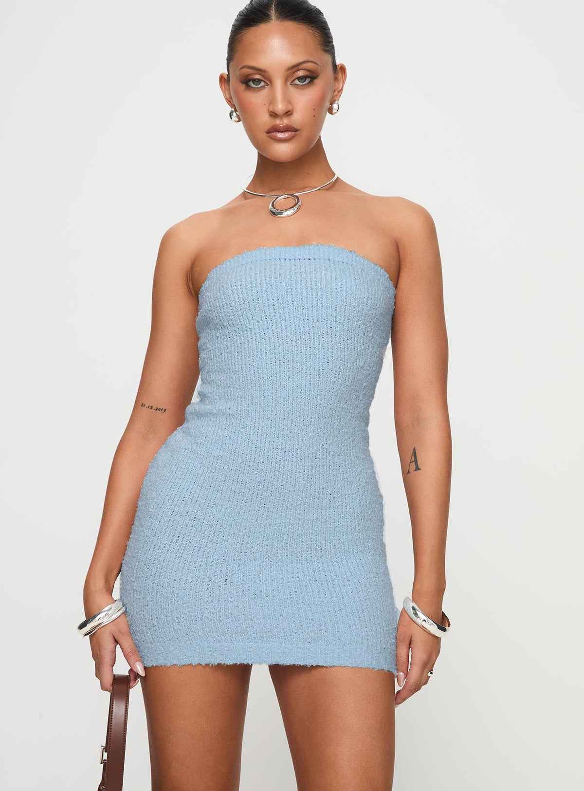 Cloud Strapless Boucle Mini Dress Light Blue