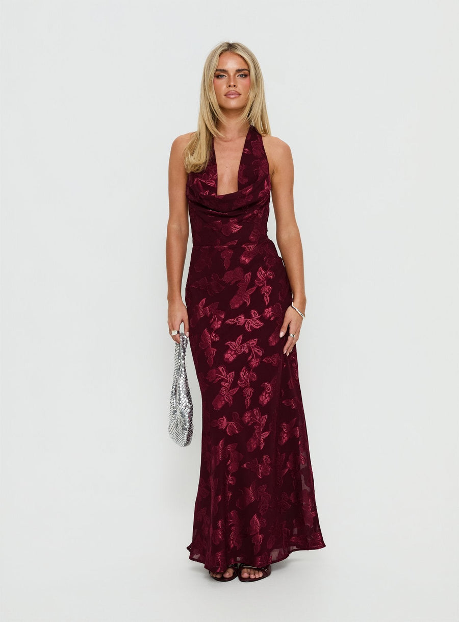 Jazminah Halter Cowl Neck Maxi Dress Burgundy · photo 1