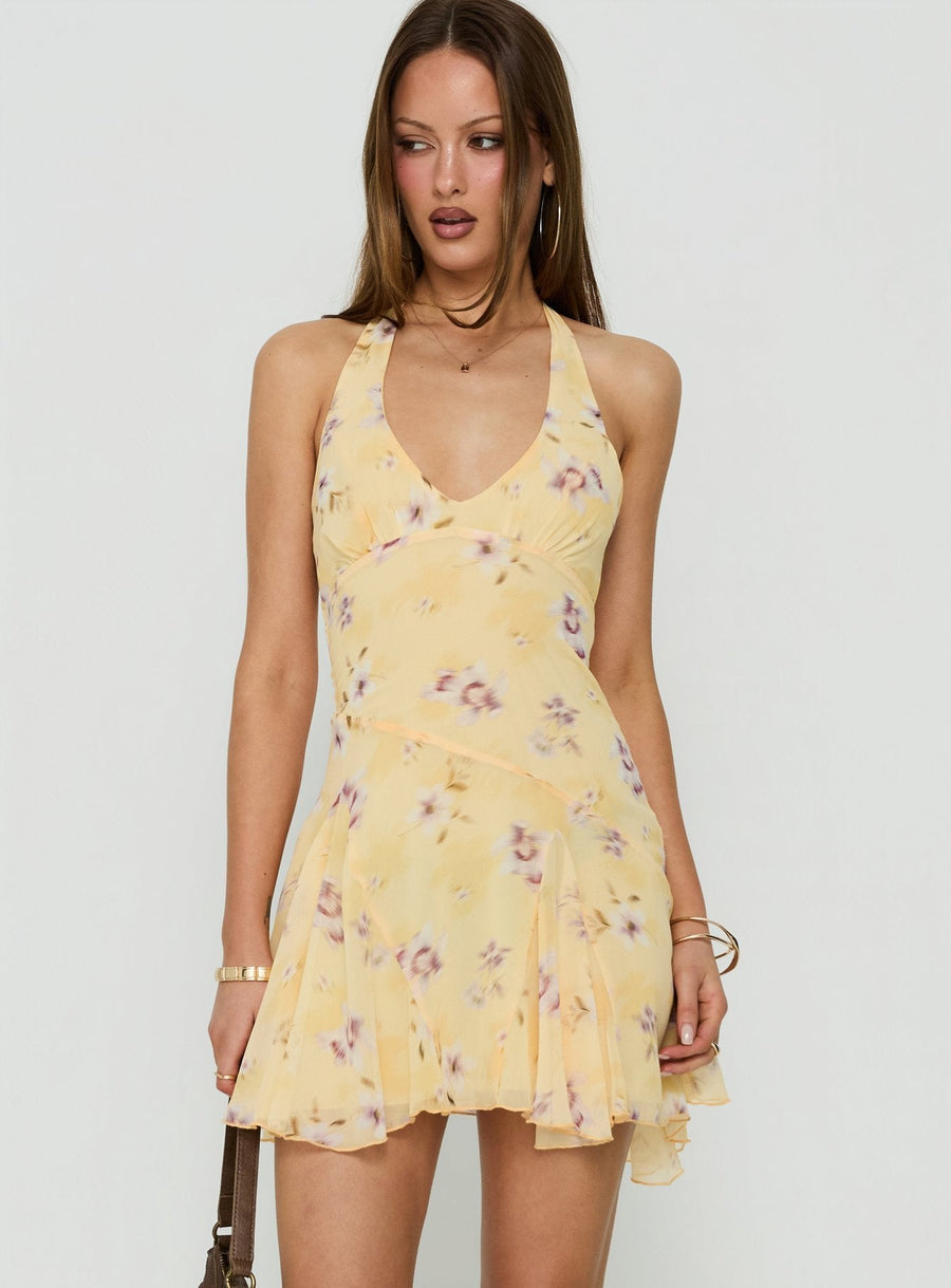 Isidorah Halter Pleat Mini Dress Blurred Yellow Floral · photo 2