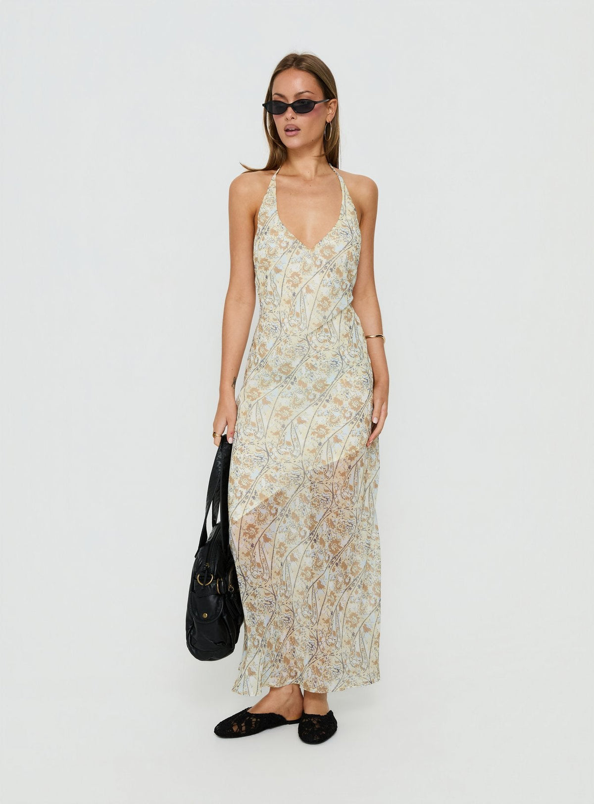 Noemi Halter Low Back Maxi Dress Cream Paisley