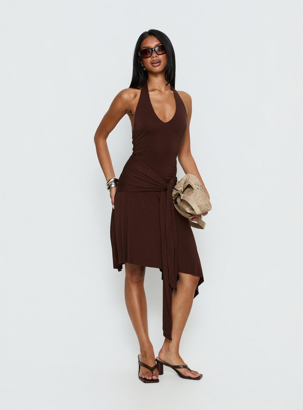 Moonlit Honey Asymmetrical Halter Jersey Midi Dress Chocolate