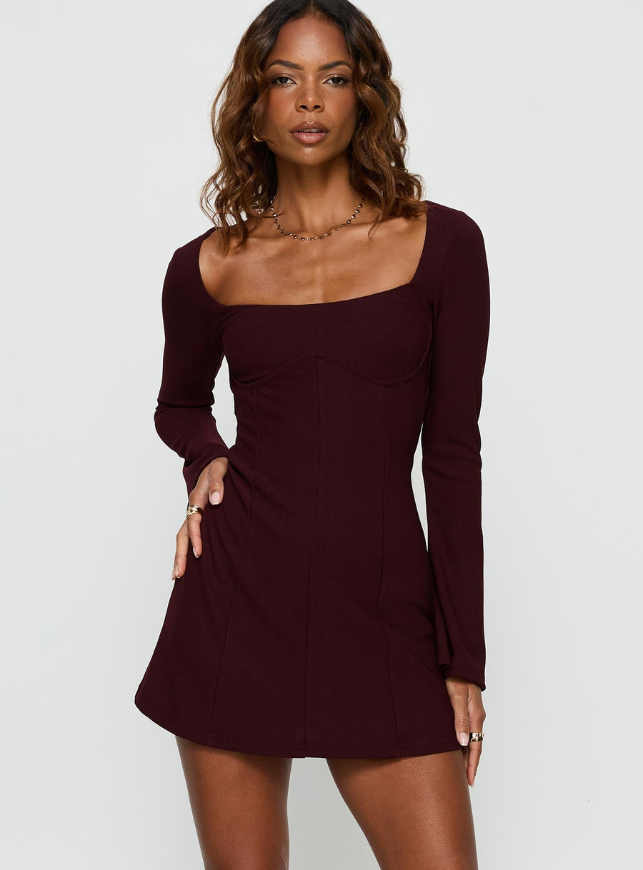 Encounters Long Sleeve Mini Dress Wine · photo 1
