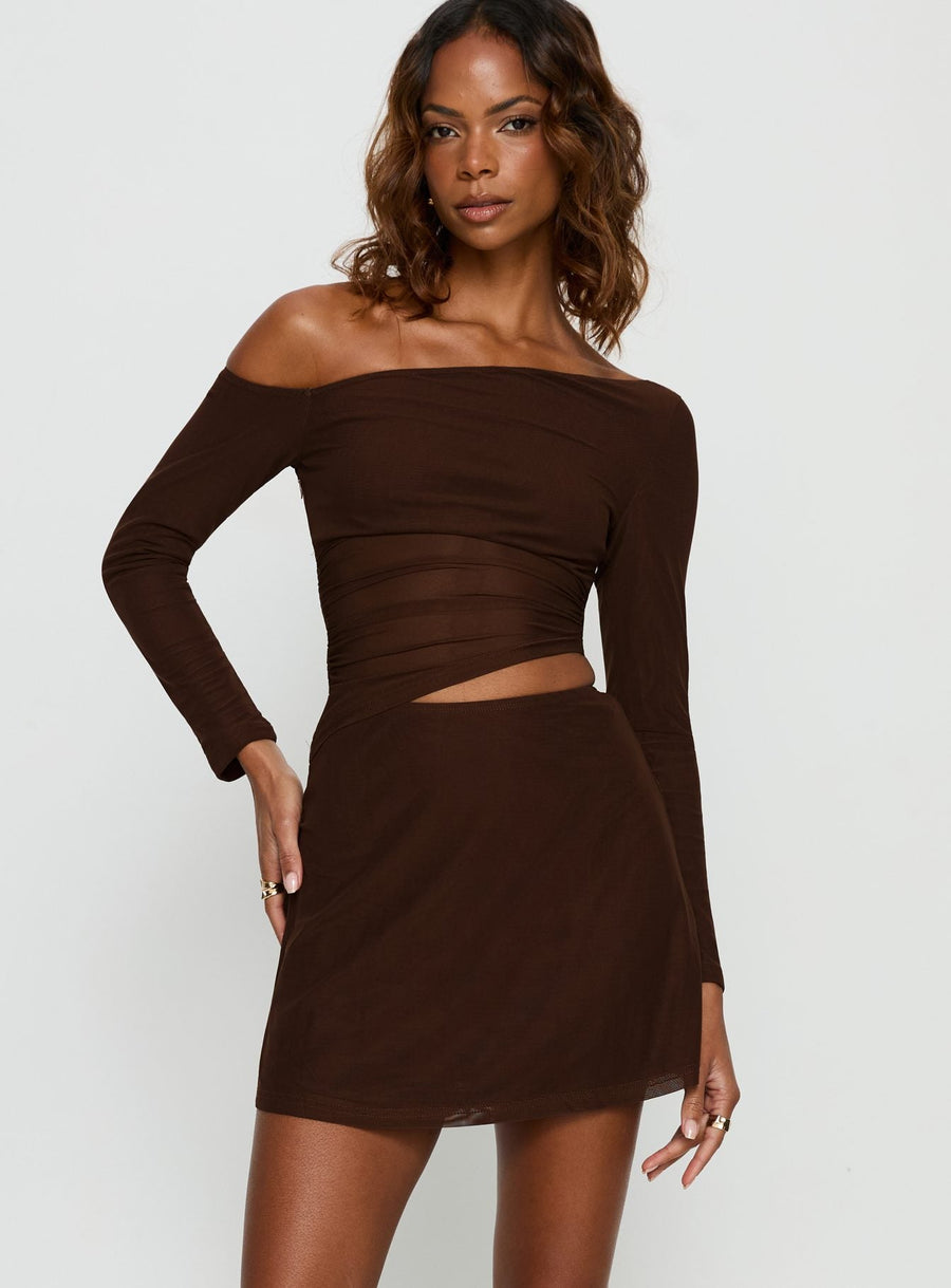 Fade To Black Off Shoulder Long Sleeve Mini Dress Chocolate · photo 1