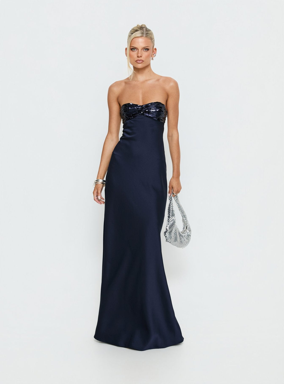 See The Vision Sequin Bust Strapless Maxi Dress Navy