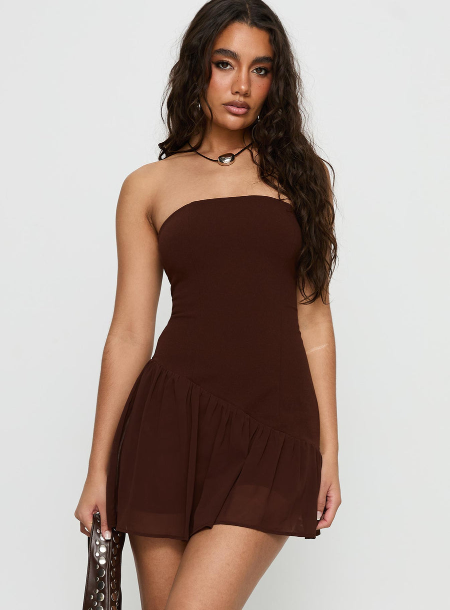 Hadlea Strapless Asymmetrical Mini Dress Brown · photo 1