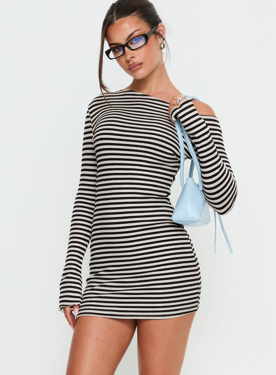 Journi Off Shoulder Long Sleeve Mini Dress Black / White Stripe · photo 2