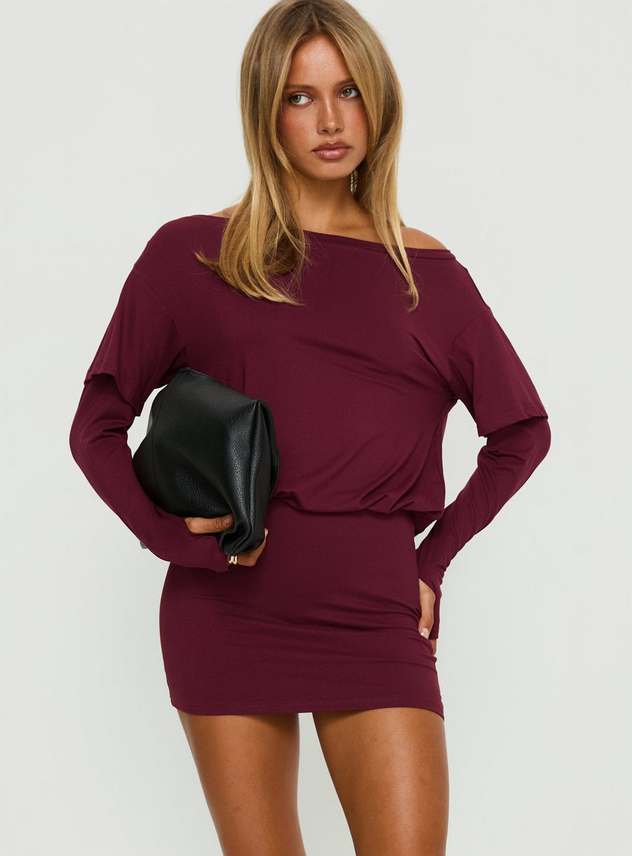 Jesselyn Long Sleeve Off Shoulder Mini Dress Burgundy · photo 2