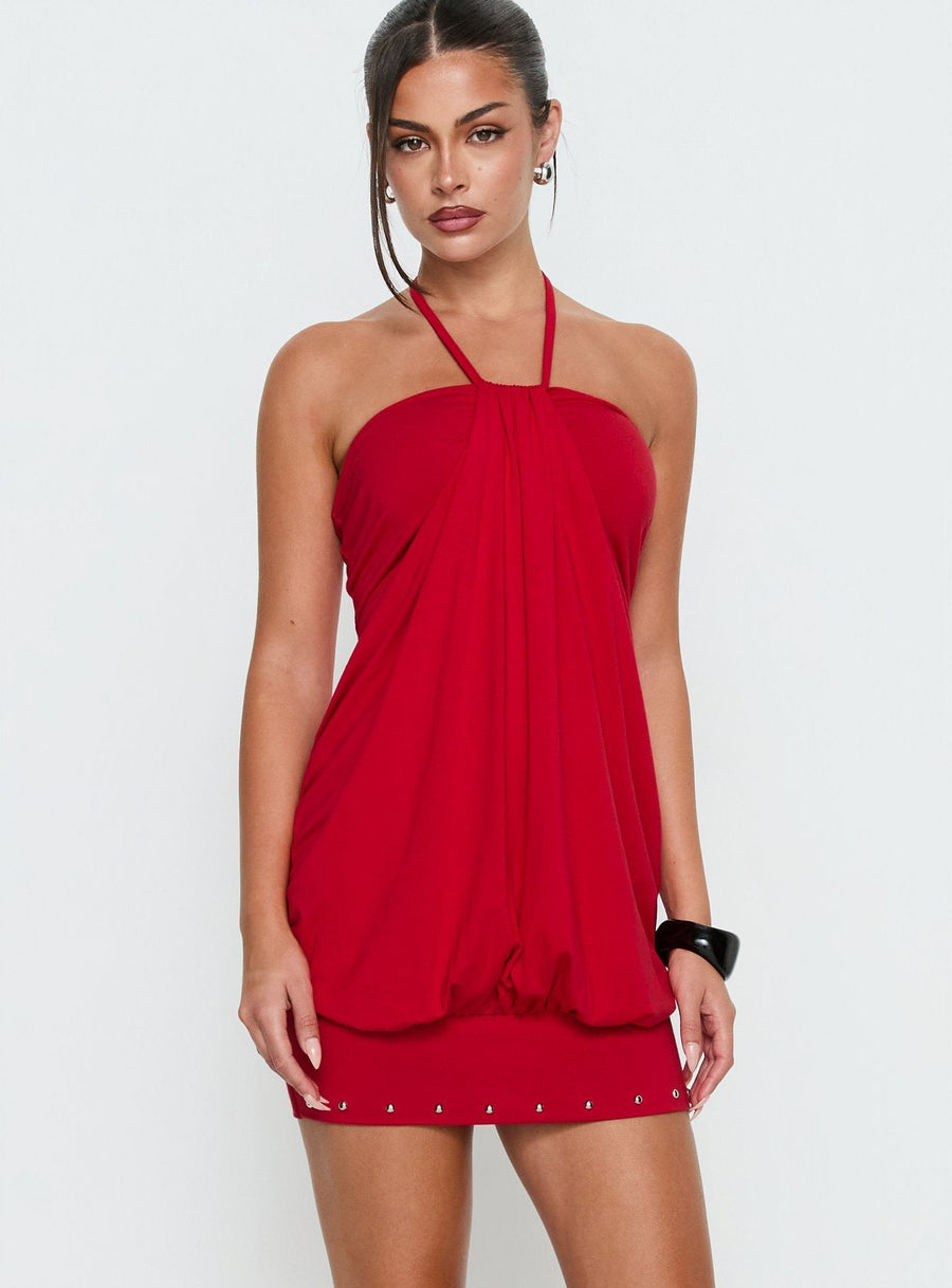 Jordonna Gathered Halter Mini Dress Red · photo 2