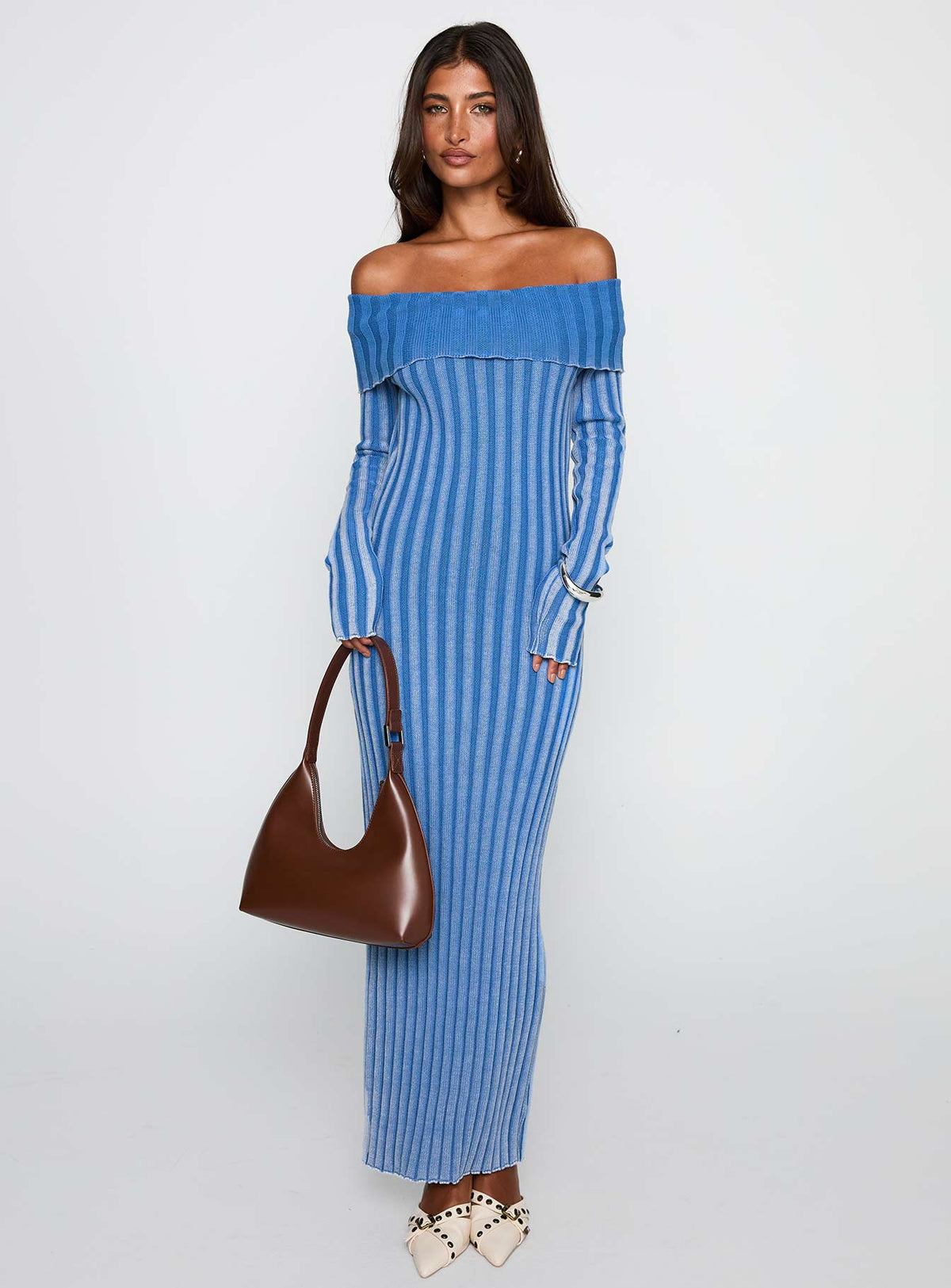 Mariska Long Sleeve Rib Maxi Dress Blue