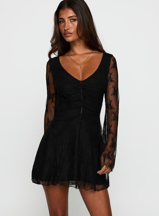 Kateryna Long Sleeve Lace Mini Dress Black