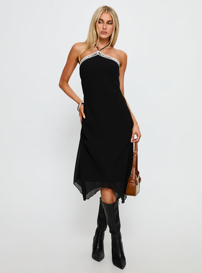 Naila Halter Lace Trim Midi Dress Black