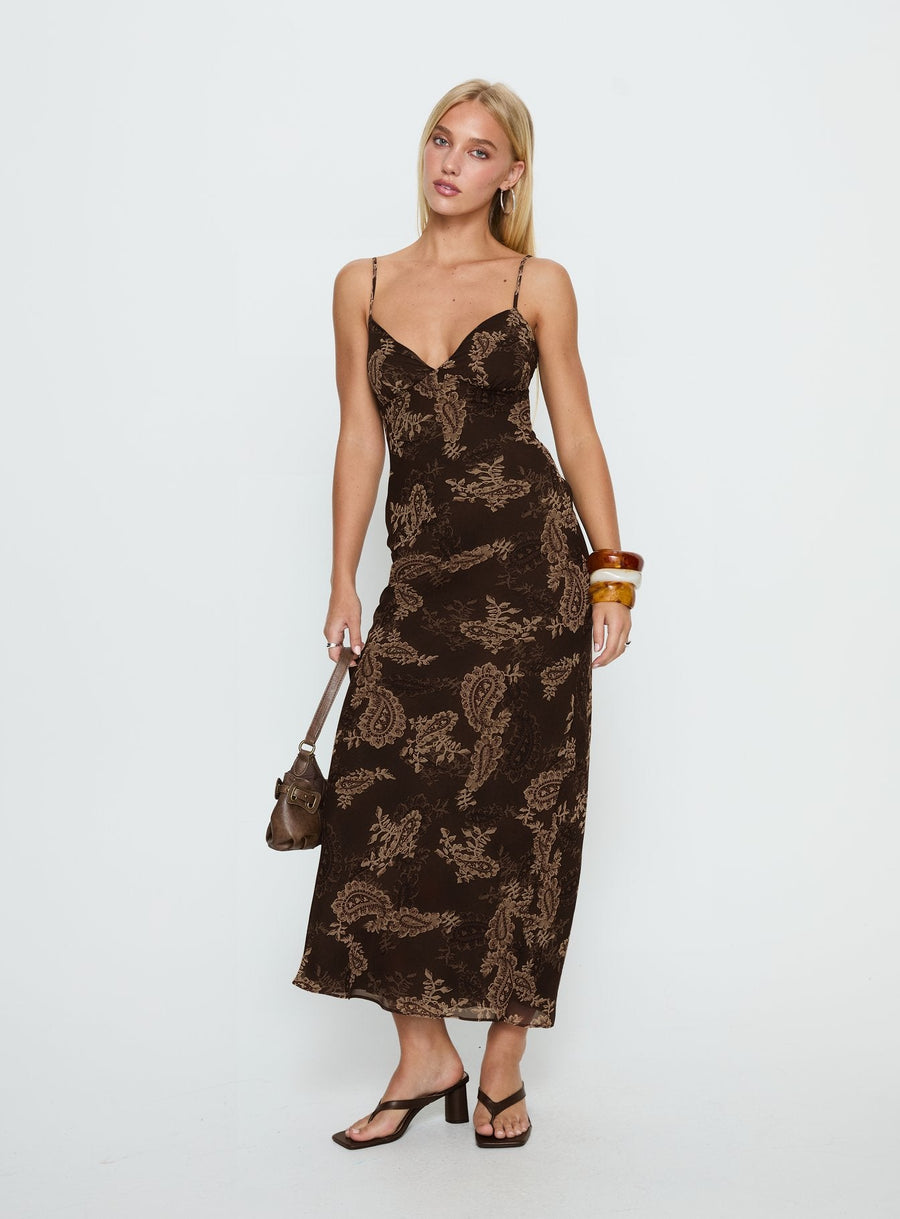 Jemimah V Neck Maxi Dress Brown Paisley · photo 1