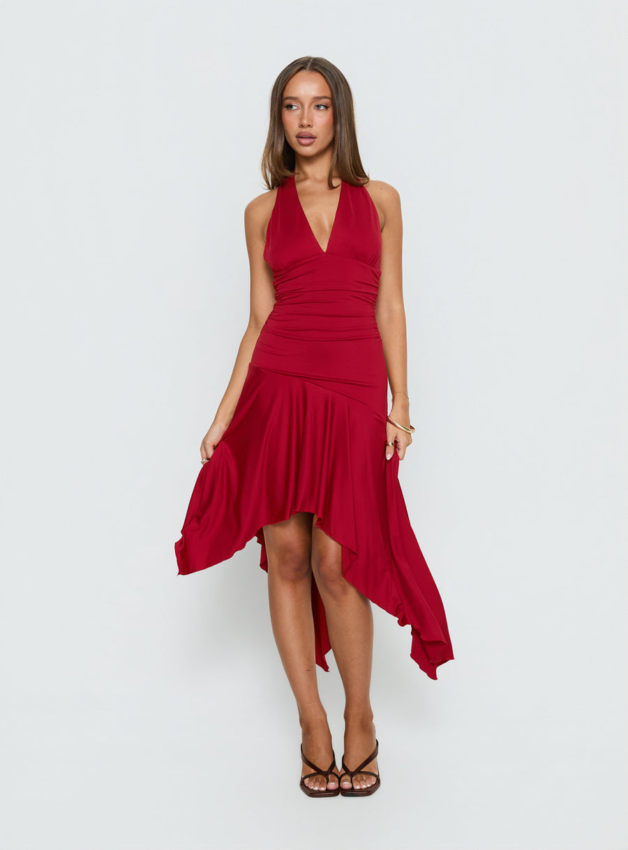 Emara Halter Asymmetrical Midi Dress Red · photo 2