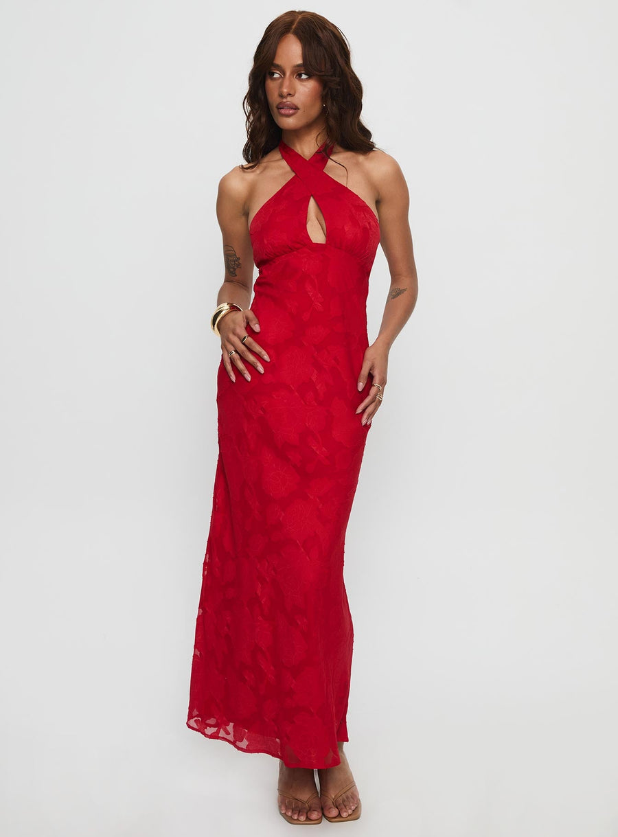 Ending Credits Halter Twist Maxi Dress Red Burnout · photo 2