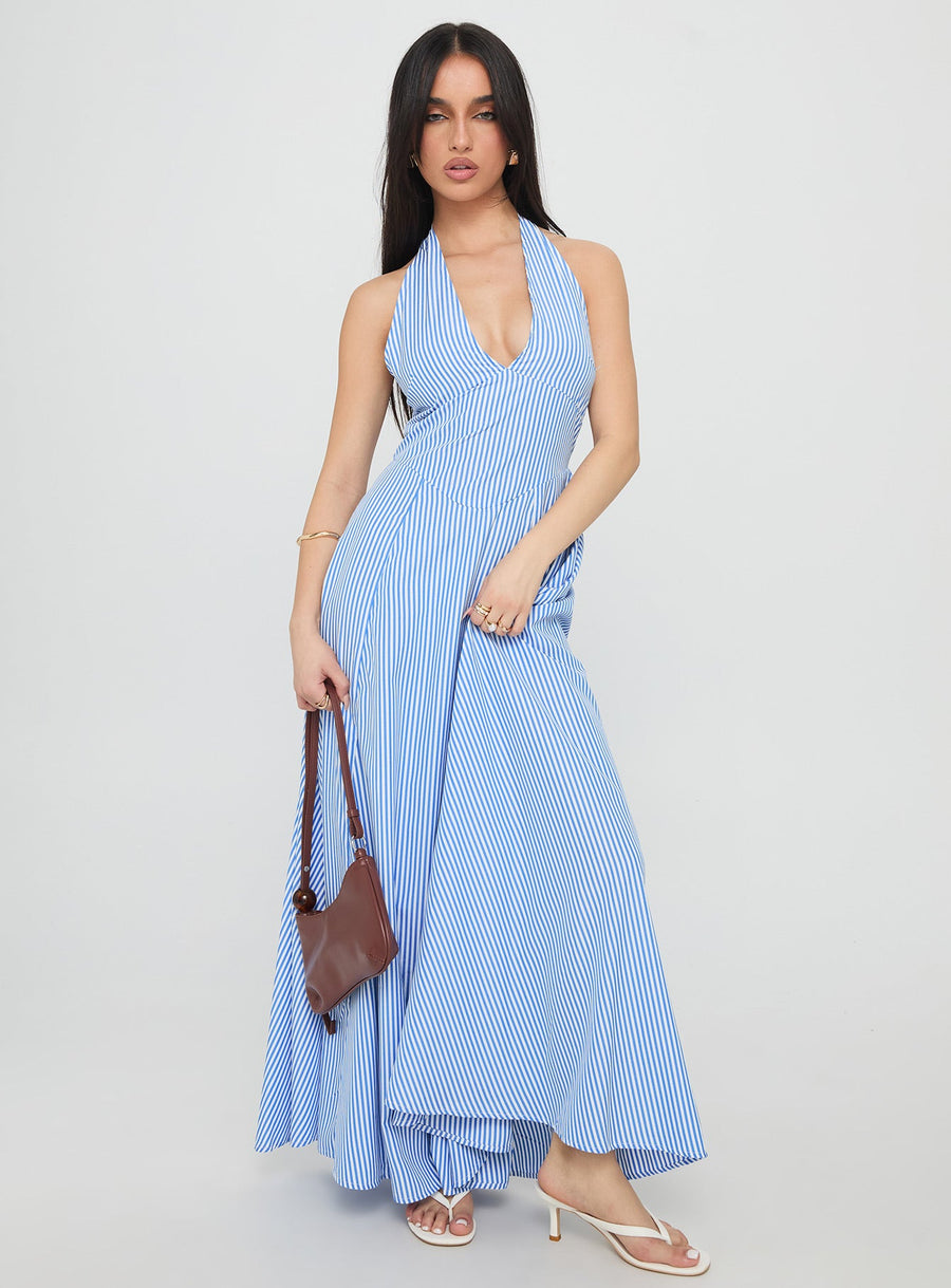 Ivie Halter Plunge Maxi Dress Blue Stripe · photo 2