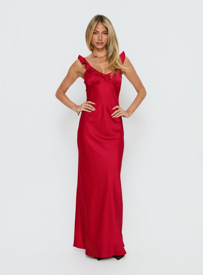Ondrea Frill V Neck Maxi Dress Red