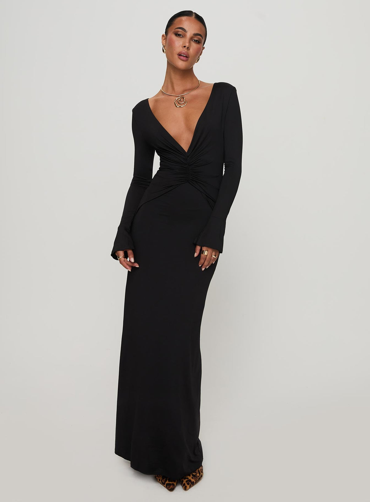 Lezure Plunge Long Sleeve Maxi Dress Black