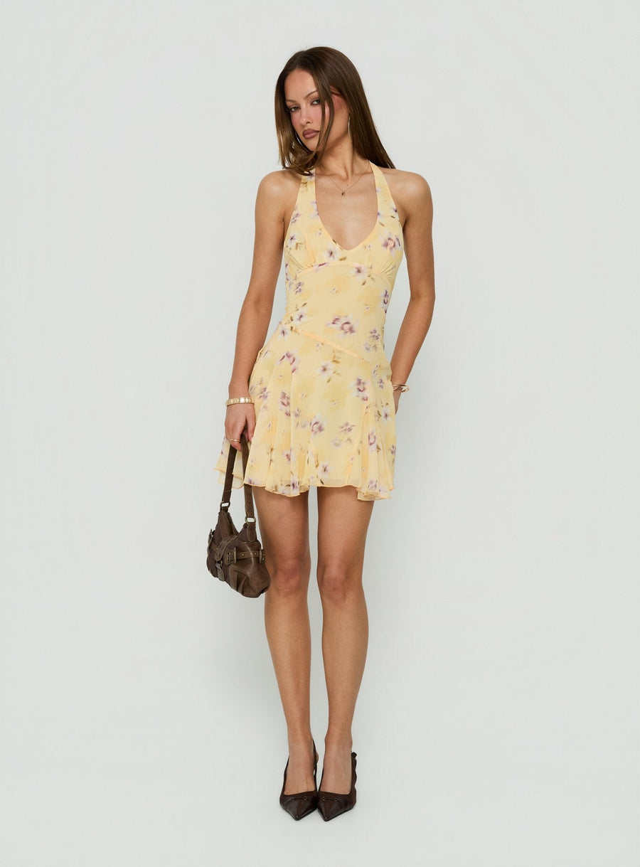 Isidorah Halter Pleat Mini Dress Blurred Yellow Floral · photo 3