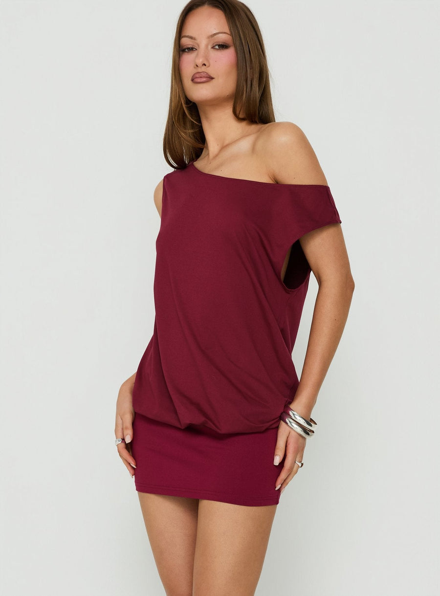 Ellah One Shoulder Drapey Mini Dress Wine · photo 3