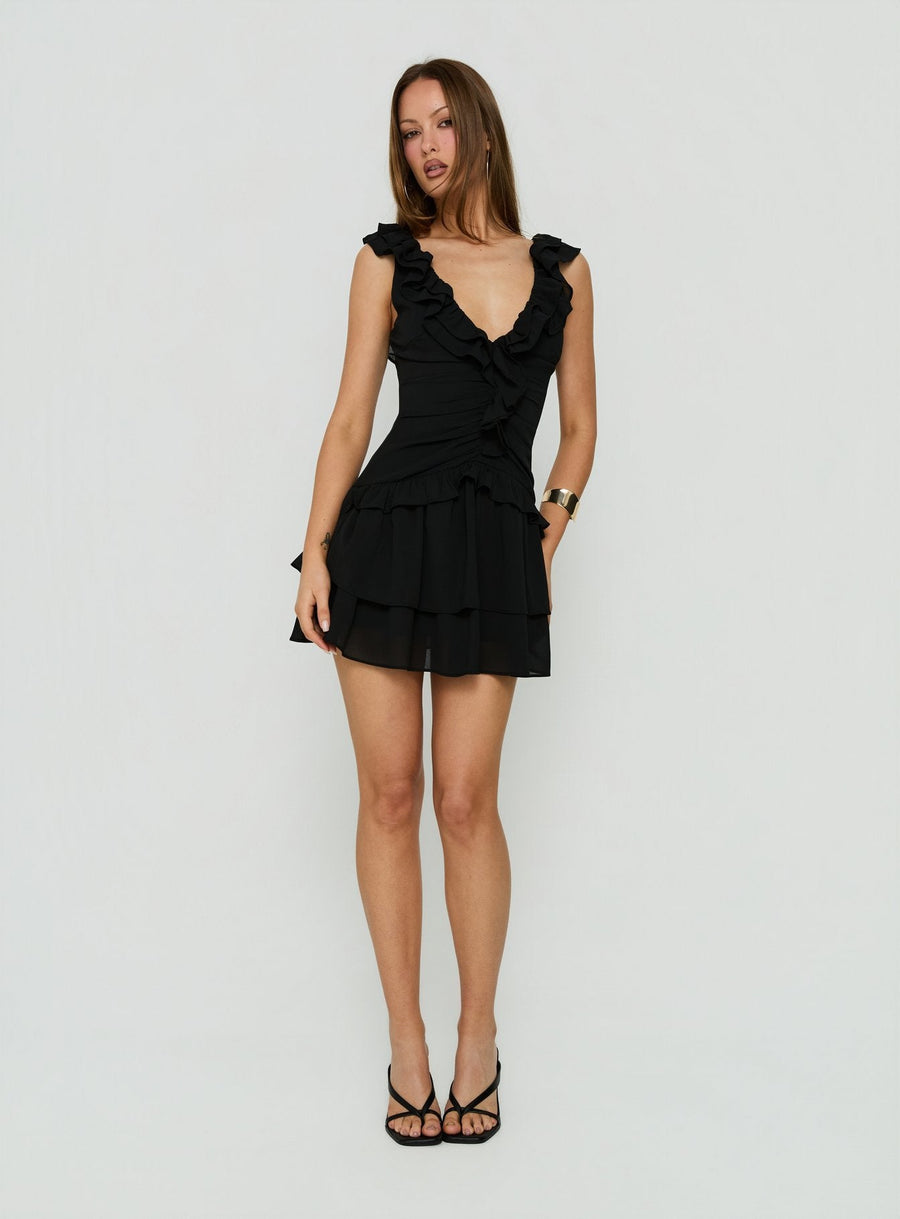Fawnia Frill Ruched Mini Dress Black · photo 3