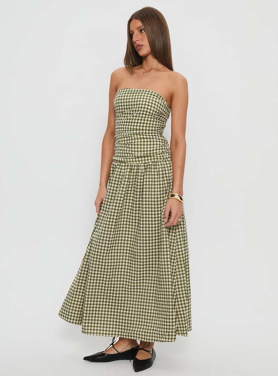 Frankey Strapless Drop Waist Maxi Dress Green Check · photo 3