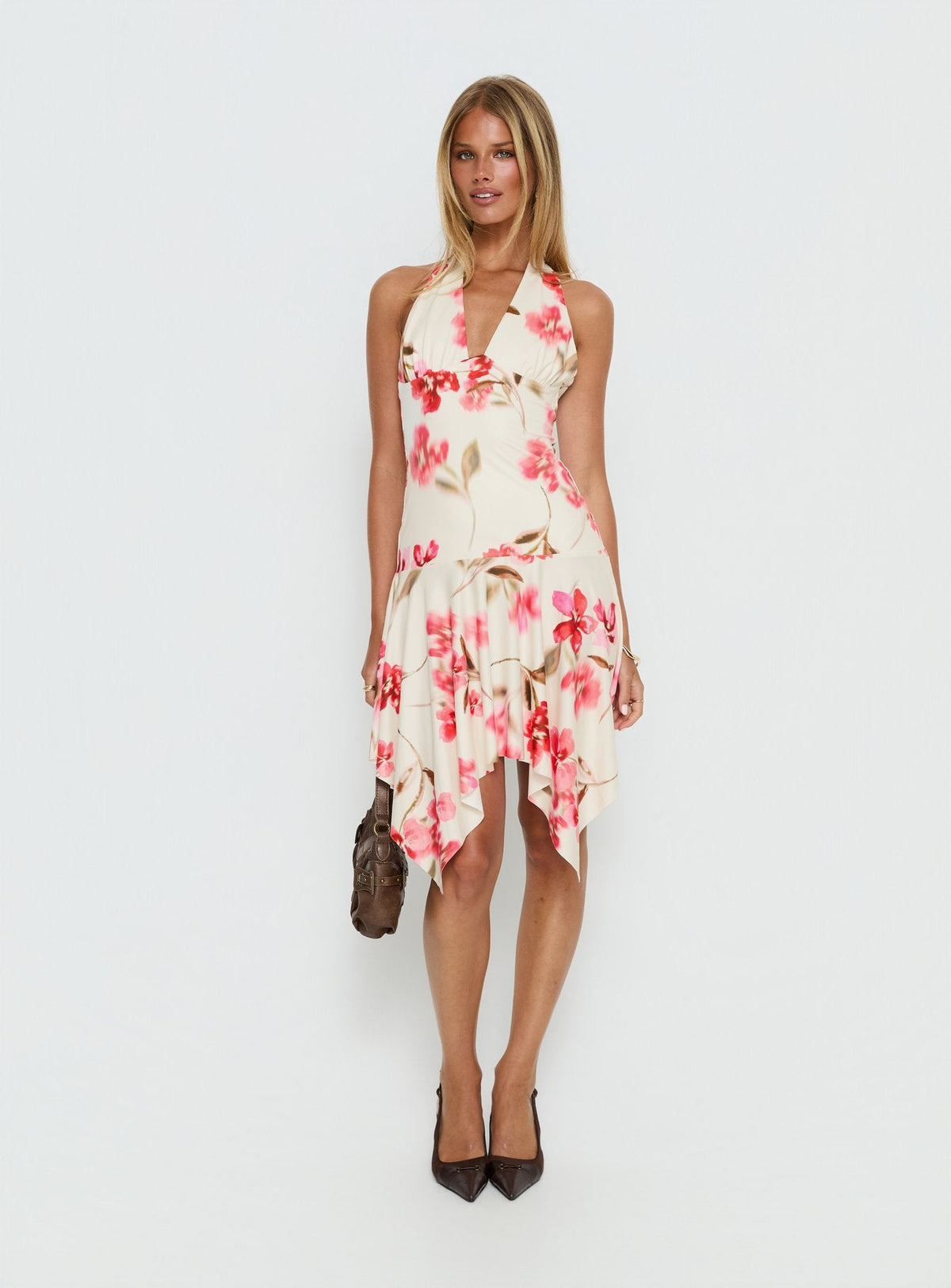 Loreza Halter Asymmetrical Midi Dress Cream Floral