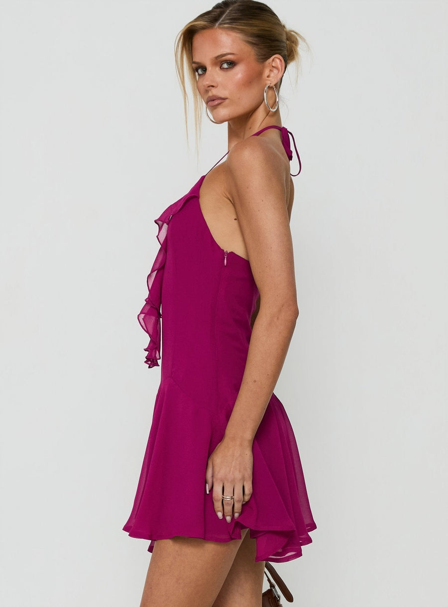 Hey Blondie Ruffle Halter Mini Dress Plum · photo 3