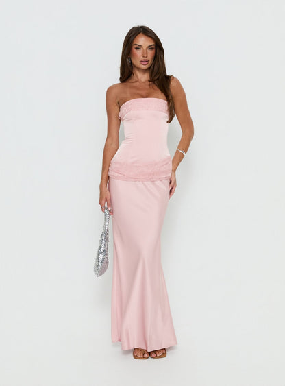 Sura Strapless Lace Detail Maxi Dress Pink