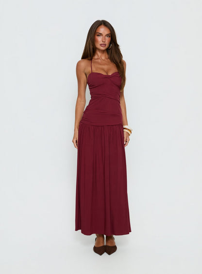 Marguerite Halter Maxi Dress Ruby Wine