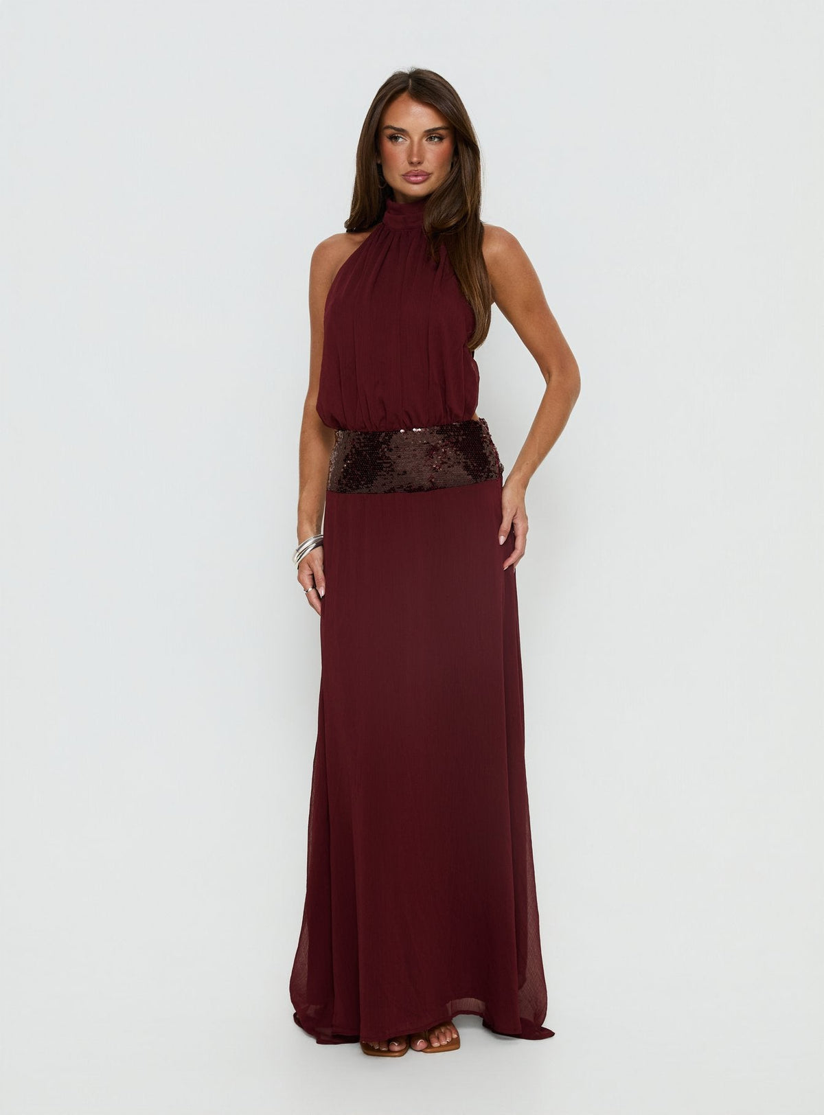 Darwinn Drop Waist Sequin Detail Maxi Dress Burgundy