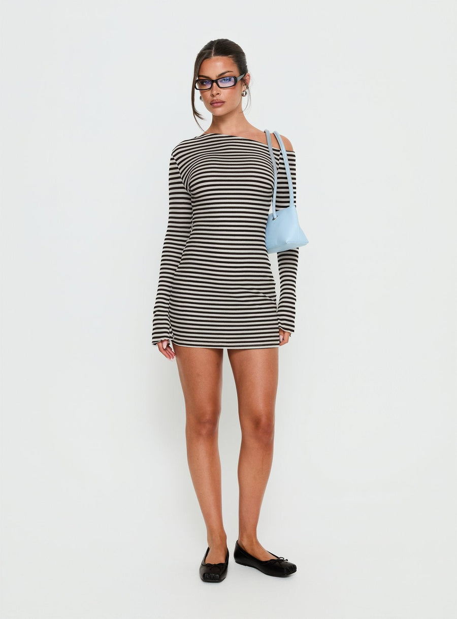Journi Off Shoulder Long Sleeve Mini Dress Black / White Stripe · photo 3