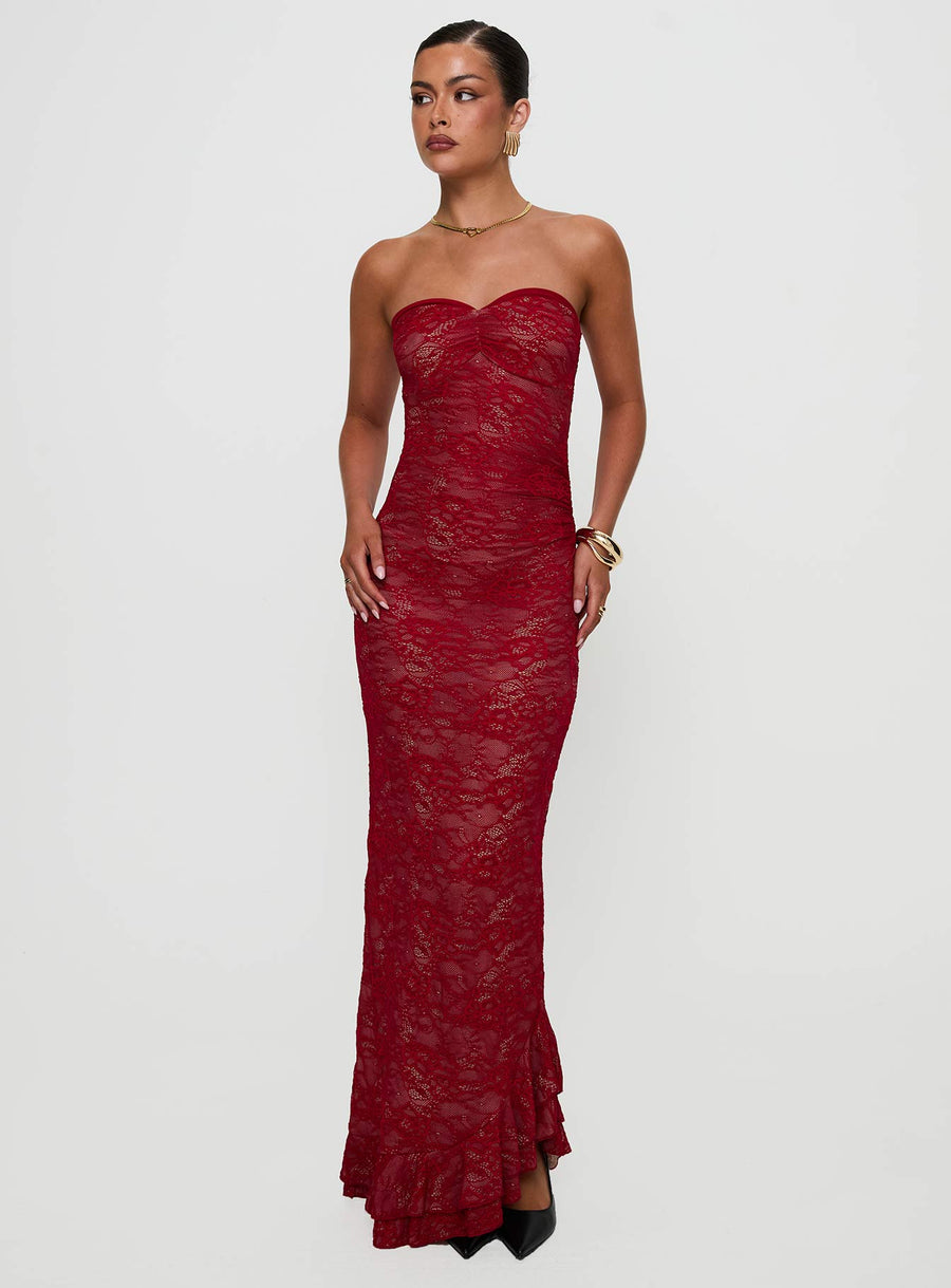 Hailees Lace Strapless Maxi Dress Red · photo 3