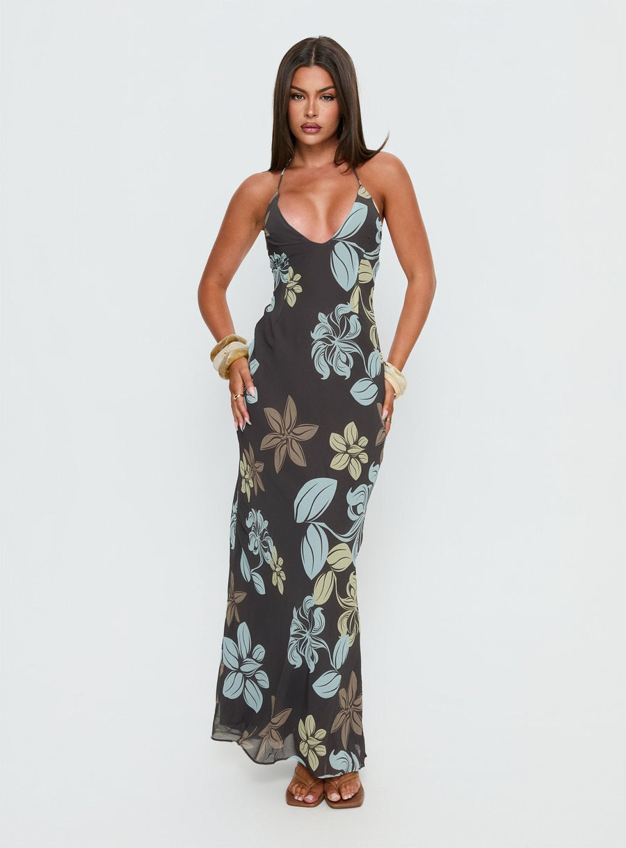 Esmira Halter Maxi Dress Chocolate / Blue Floral · photo 2