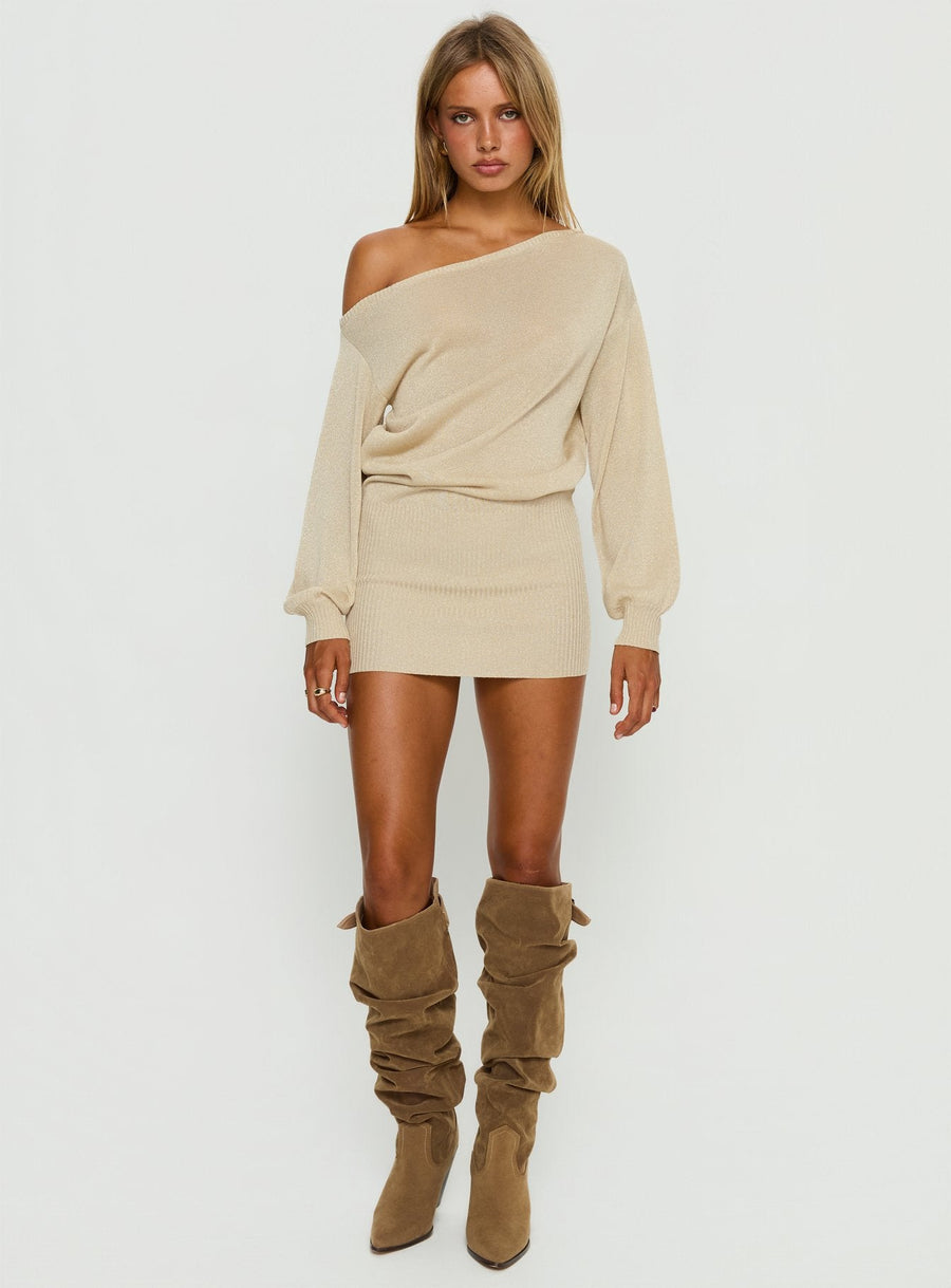 Johannah Off Shoulder Long Sleeve Knit Mini Dress Gold · photo 3