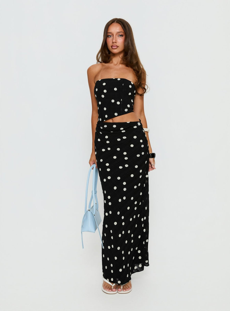 Jasira Strapless Drape Maxi Dress Black Polka Dot · photo 3