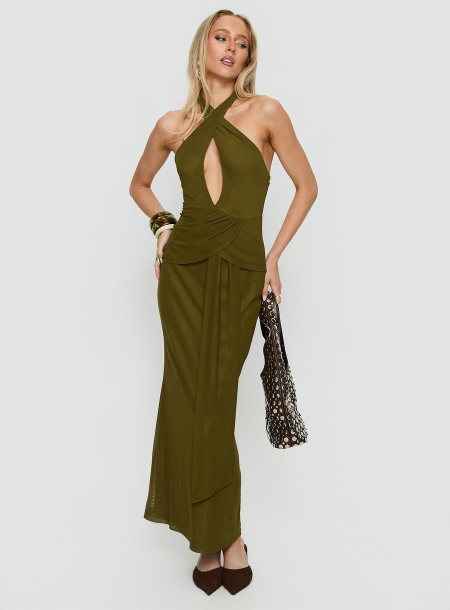 Feliza Keyhole Halter Maxi Dress Olive · photo 3