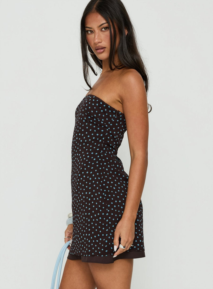 Isabettie Strapless Mini Dress Brown / Blue Polka Dot · photo 3