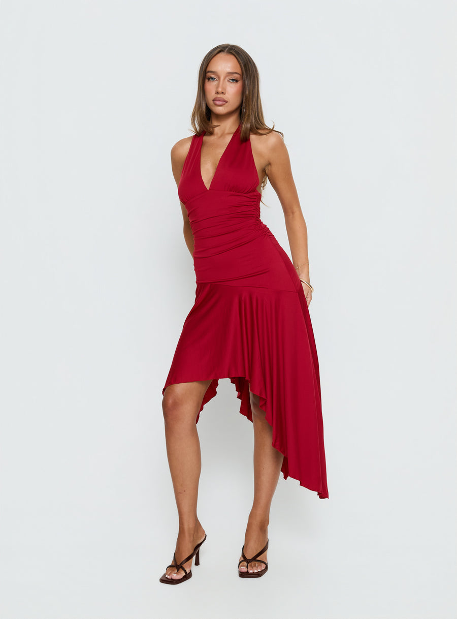 Emara Halter Asymmetrical Midi Dress Red · photo 3