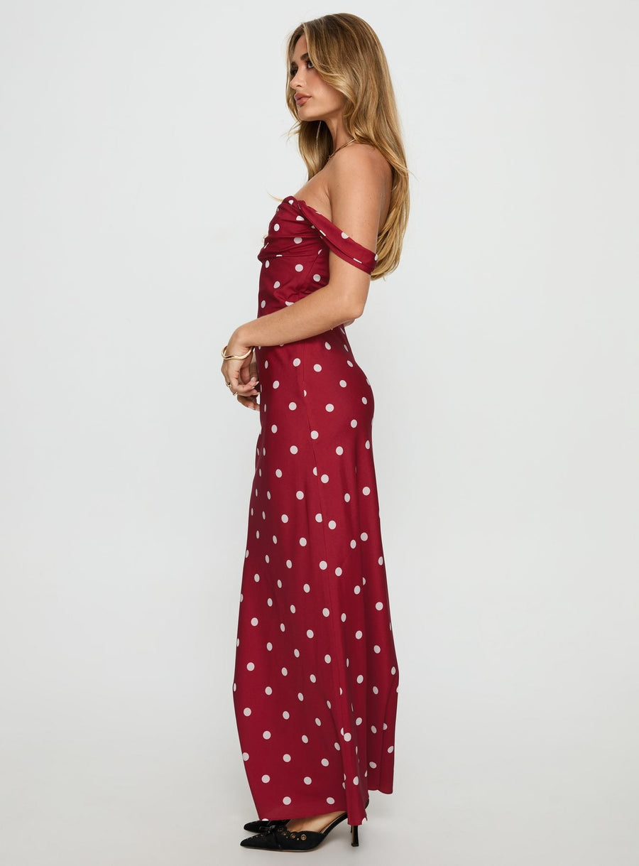 End Credits Off Shoulder Pleat Maxi Dress Red / Polka Dot · photo 3