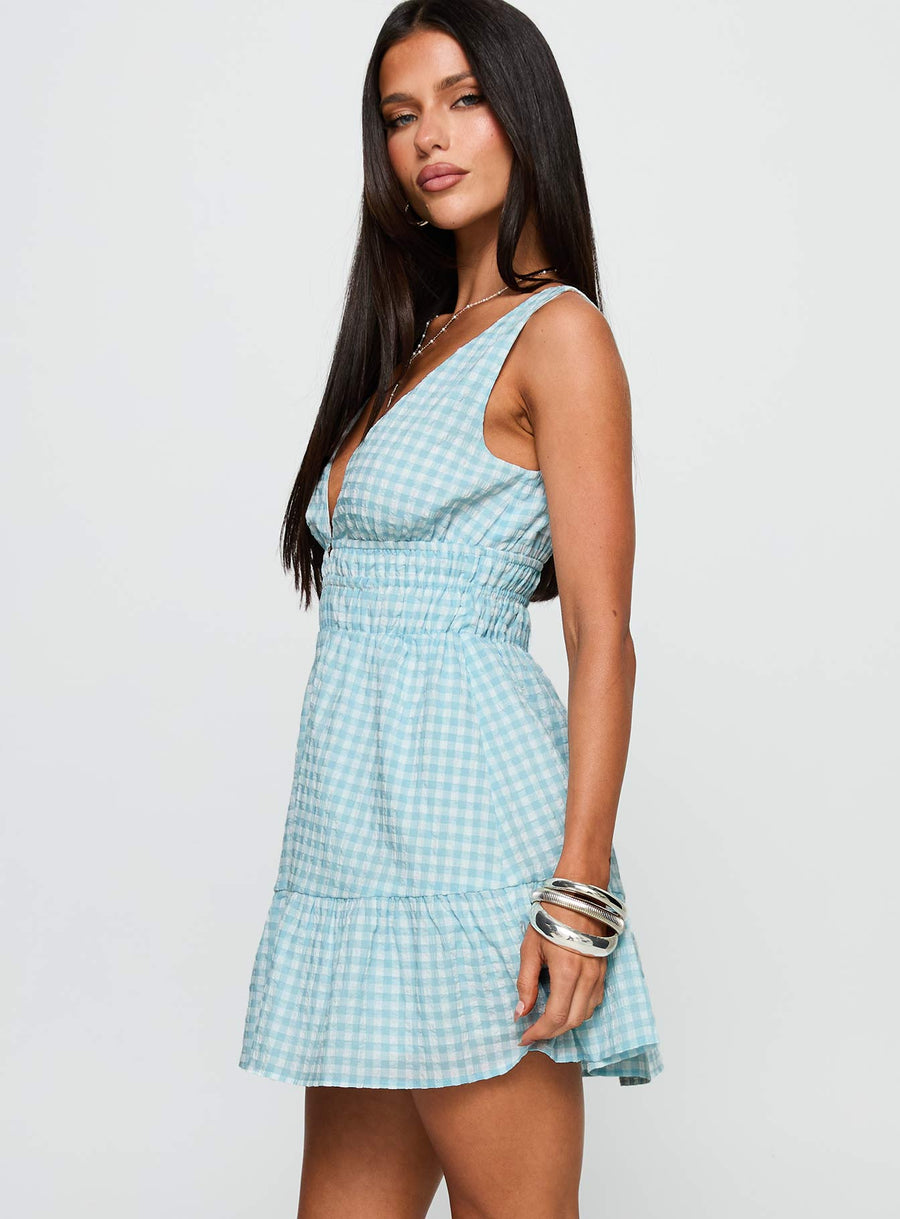 Ismena Plunge Mini Dress Blue Check · photo 3