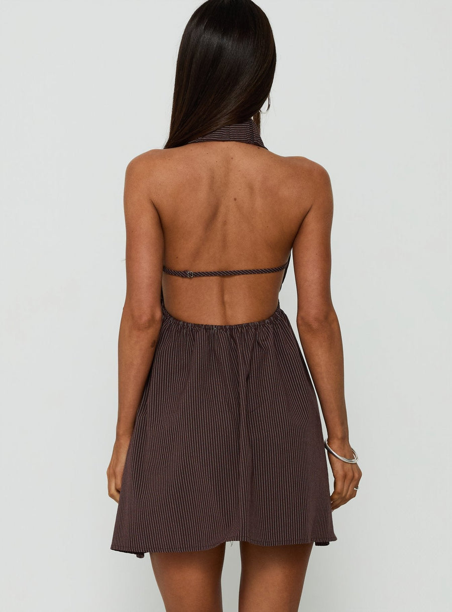 Ellisan Halter Scoop Back Mini Dress Chocolate Stripe · photo 4