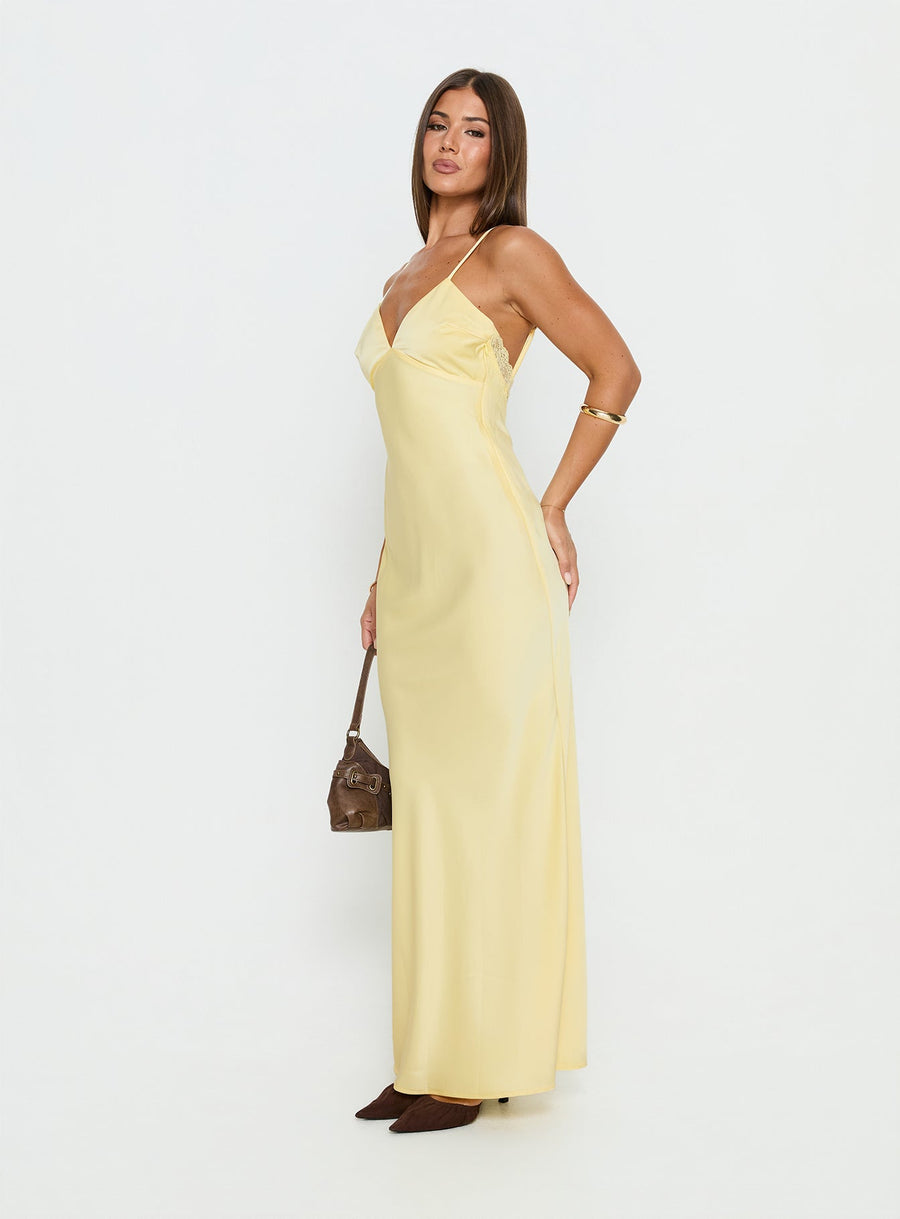 Flip A Switch Satin Lace Slip Maxi Dress Butter · photo 4