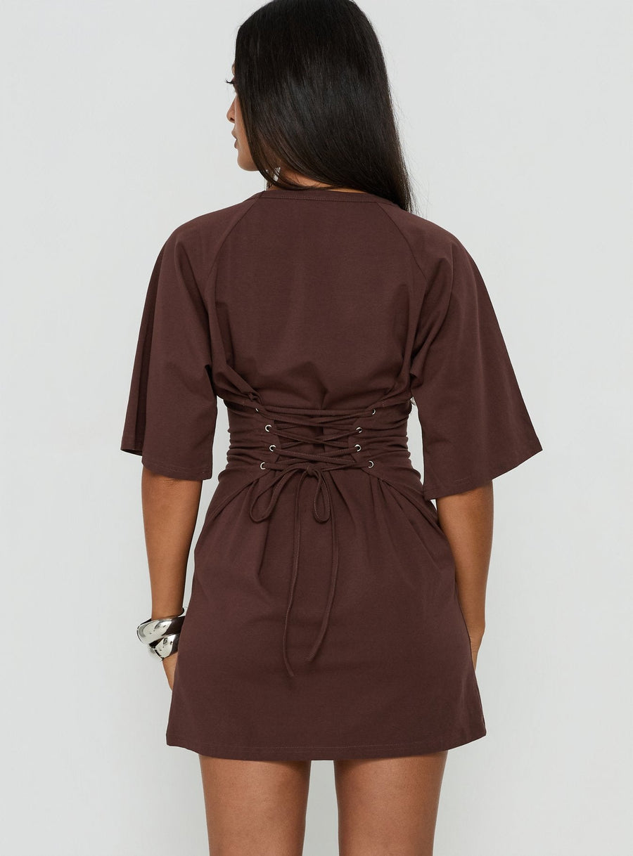 Enzia Raglan Lace Up Mini Dress Brown · photo 4
