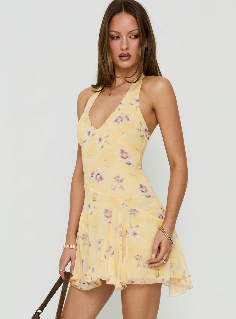 Isidorah Halter Pleat Mini Dress Blurred Yellow Floral · photo 4